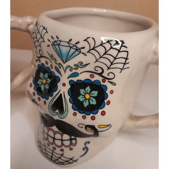 Skull Mugs Day Of The Dead Sugar Skull Halloween Mugs Cracker Barrel Stoneware - Picture 3 of 10
